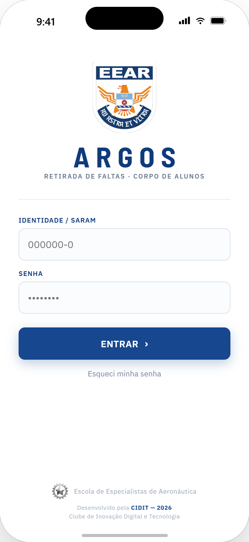 Tela de acesso do aplicativo Argos